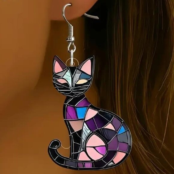 STAINED GLASS CAT DANGLES in Plum - Picture 1 of 1